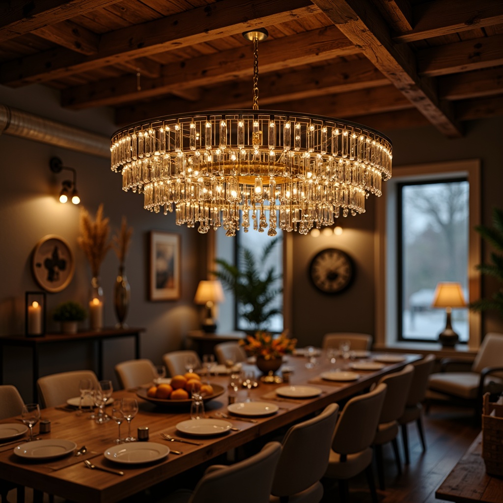 Prompt: Luxurious modern chandelier, sleek metal accents, crystal droplets, warm ambient glow, dimmable LED lights, minimalist ceiling fixture, industrial-chic exposed bulbs, rustic wooden beams, cozy living room, intimate dinner party atmosphere, soft warm lighting, shallow depth of field, 1/1 composition, realistic textures.