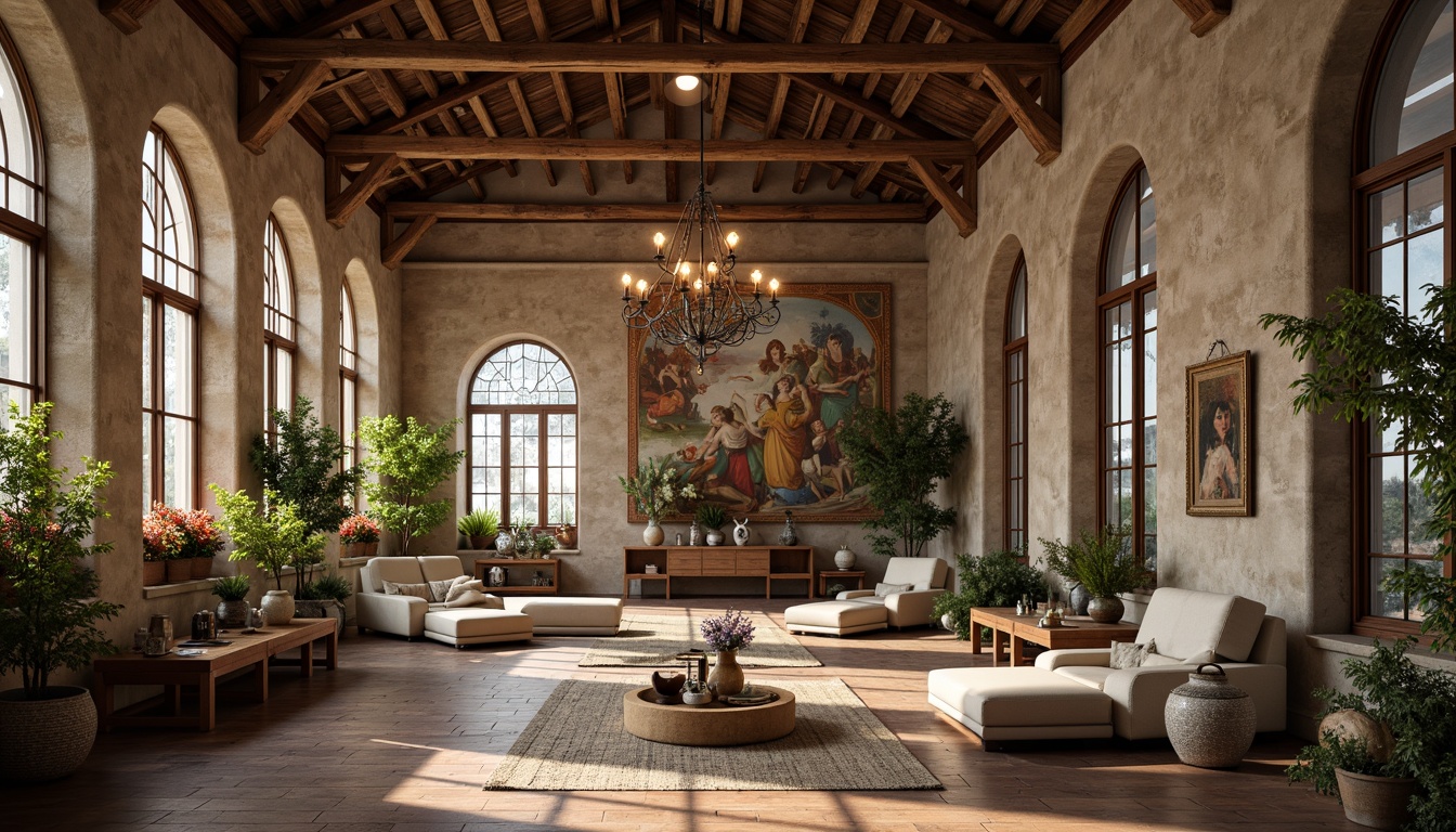 Prompt: Aged stone walls, wooden accents, vaulted ceilings, grand arches, stained glass windows, intricate frescoes, ornate chandeliers, rustic furniture, natural linen fabrics, earthy color palette, warm ambient lighting, soft shadows, subtle reflections, 1/1 composition, symmetrical framing, realistic textures, ambient occlusion.