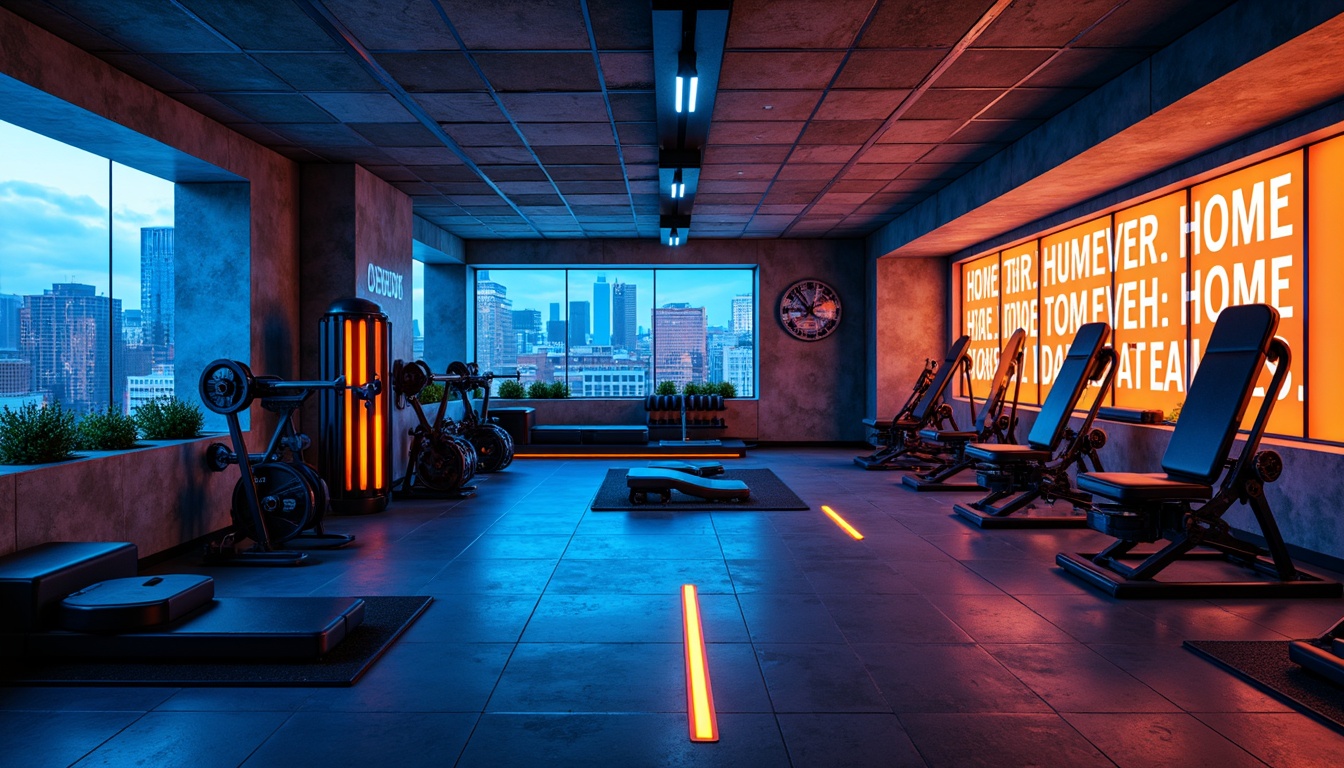 Prompt: Neon-lit home gym, futuristic equipment, metallic surfaces, bold color scheme, electric blue accents, vibrant orange highlights, sleek black machinery, high-gloss flooring, LED strip lighting, urban cityscape views, concrete walls, industrial-chic decor, motivational quotes, modern minimalist architecture, large mirrored walls, dynamic shadows, 1-point perspective composition, dramatic spotlighting, realistic reflections.