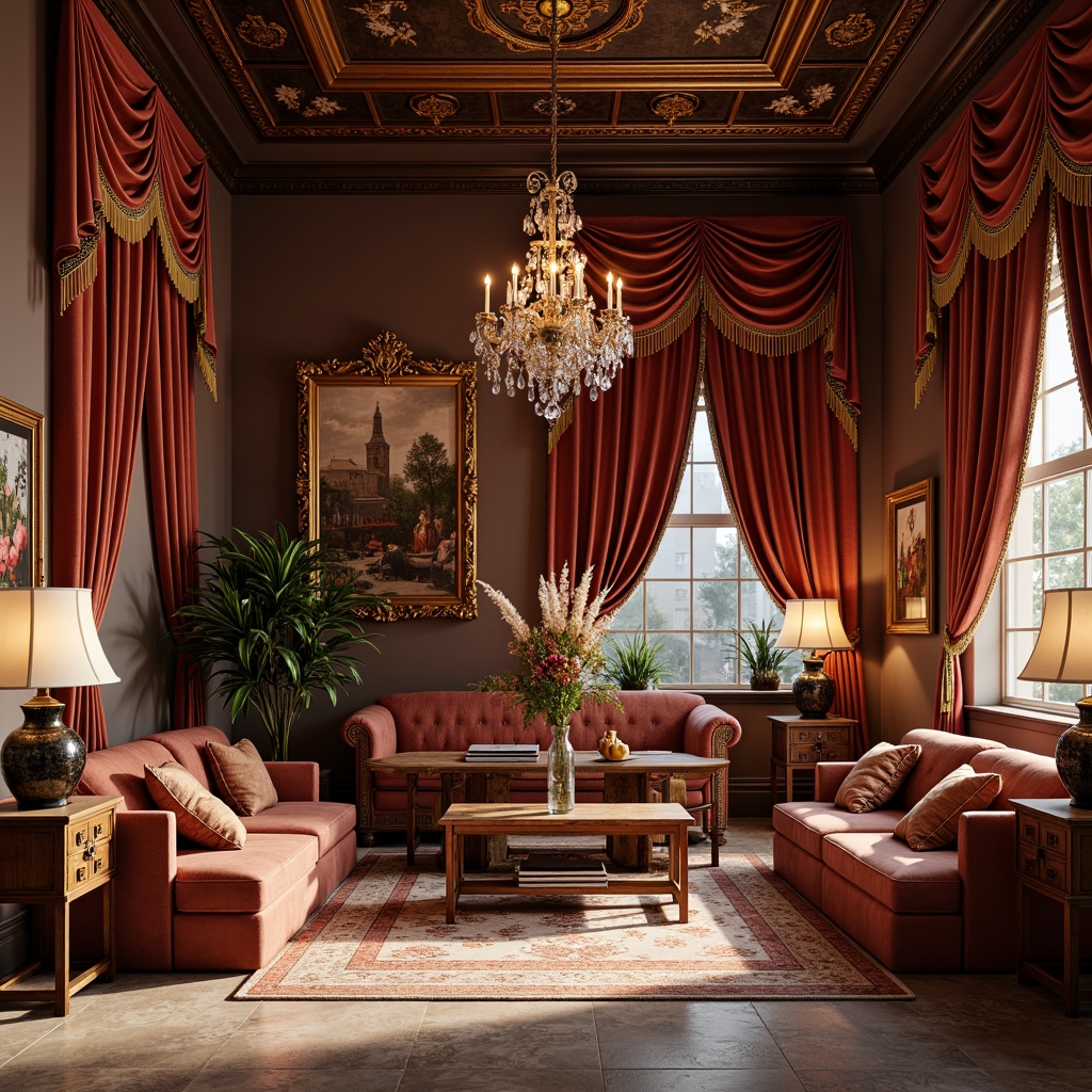 Prompt: Rich velvet drapes, golden tassels, intricate embroidery, ornate wooden furniture, carved gilded frames, luxurious silk upholstery, ornamental mirrors, crystal chandeliers, grandiose architectural details, high ceilings, marble floors, warm cozy atmosphere, soft warm lighting, shallow depth of field, 3/4 composition, realistic textures, ambient occlusion.