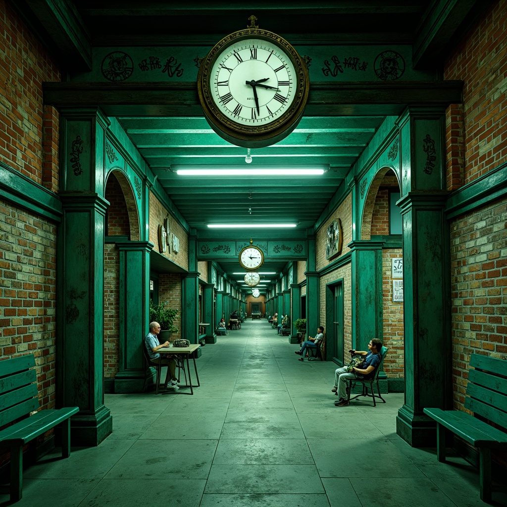 Prompt: Vibrant mint green hues, metallic accents, industrial textures, exposed brick walls, distressed wooden beams, vintage train station clocks, retro-style signage, ornate metalwork details, grandiose archways, high-contrast lighting, dramatic shadows, cinematic atmosphere, symmetrical composition, wide-angle lens, moody color grading, selective focus, nostalgic ambiance.