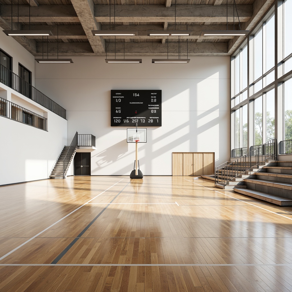 Prompt: Polished wooden floors, plain white walls, minimalist sports equipment, sleek metal beams, industrial-style lighting fixtures, modern scoreboard displays, simplified athletic tracks, sparse greenery, functional bleacher seating, stainless steel railings, exposed concrete ceilings, subtle color accents, natural ventilation systems, abundant natural light, shallow depth of field, 2/3 composition, realistic textures, ambient occlusion.