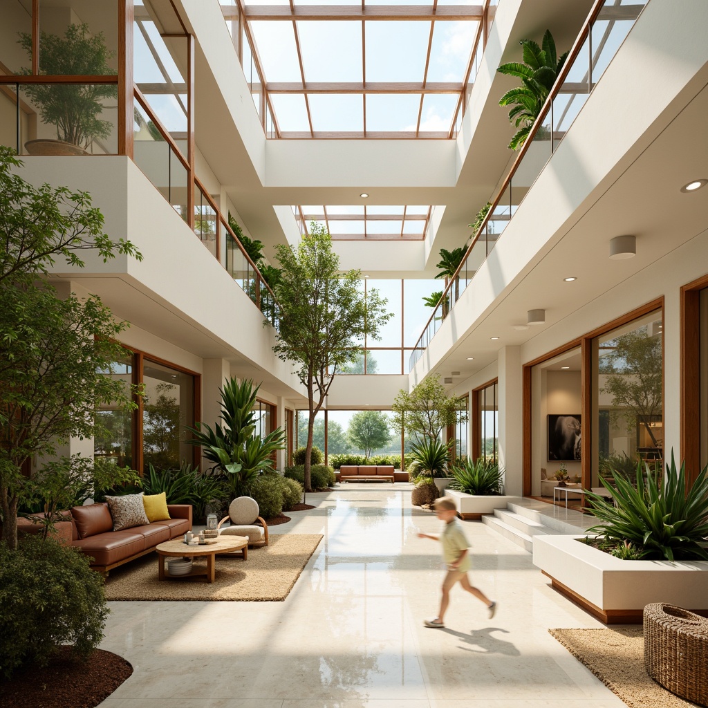 Prompt: Vibrant open-plan interior, large skylights, floor-to-ceiling windows, transparent glass doors, minimalist decor, reflective surfaces, polished marble floors, cream-colored walls, abundant greenery, potted plants, natural textiles, woven fibers, earthy tone color palette, warm ambient lighting, soft diffused illumination, 1/2 composition, shallow depth of field, realistic textures, atmospheric perspective.