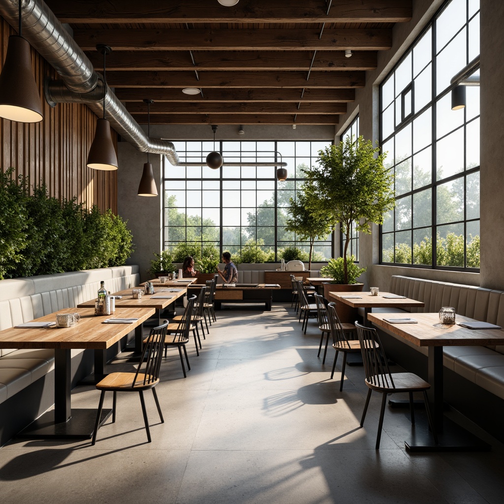 Prompt: Minimalist dining hall, industrial chic aesthetic, polished concrete floors, reclaimed wood tables, minimalist metal chairs, neutral color palette, soft warm lighting, high ceilings, large windows, natural ventilation, greenery walls, potted plants, earthy tones, organic textures, subtle patterns, monochromatic scheme, 1/1 composition, shallow depth of field, realistic render.