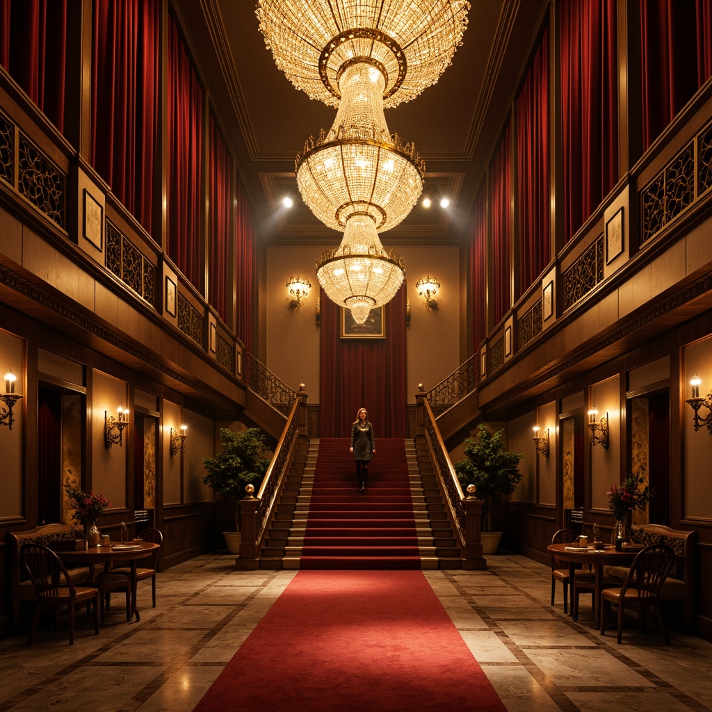 Prompt: Grand chandelier, ornate crystal fixtures, warm golden lighting, dramatic spotlights, velvet curtains, rich red carpets, elegant staircases, marble floors, high ceilings, intricate moldings, ornate columns, neoclassical architecture, symmetrical composition, subtle shading, soft focus, 1/2 composition, realistic textures, ambient occlusion.Please let me know if this meets your requirements!