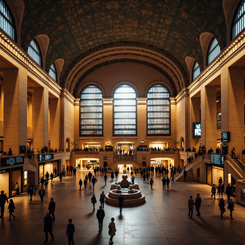 Prompt: Grand train station, ornate metallic framework, vaulted ceilings, intricate mosaics, bustling pedestrian traffic, vibrant advertisements, eclectic mix of modern and vintage trains, industrial steel beams, polished marble floors, majestic staircases, dramatic archways, warm golden lighting, atmospheric fog effects, 1/2 composition, wide-angle lens, cinematic mood, nostalgic ambiance, intricate rail networks, urban cityscape backdrop.