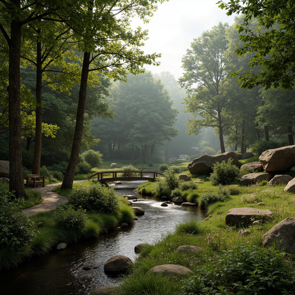 Prompt: Lush green forests, towering trees, winding streams, rustic wooden bridges, earthy stone pathways, wildflower meadows, natural rock formations, misty morning atmosphere, soft warm lighting, shallow depth of field, 3/4 composition, panoramic view, realistic textures, ambient occlusion.