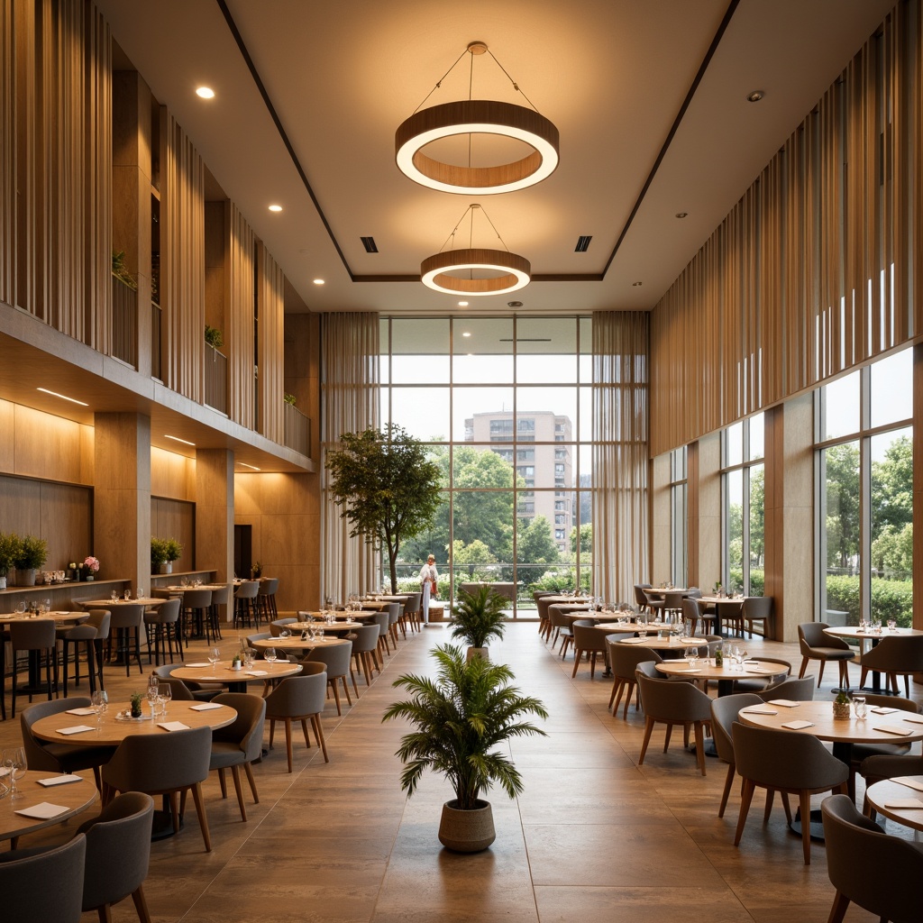 Prompt: Elegant dining hall, spacious open layout, circular tables, comfortable seating, decorative lighting fixtures, warm beige walls, polished wooden floors, large windows, natural daylight, minimalist decor, efficient traffic flow, optimized table placement, harmonious spatial arrangement, 1/2 composition, atmospheric misting system, soft warm color scheme, realistic textures, ambient occlusion.