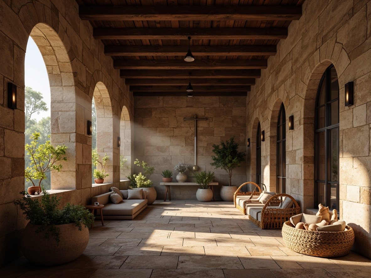 Prompt: Rustic monastery interior, weathered stone walls, distressed wood accents, ornate metalwork, grand archways, vaulted ceilings, warm candlelight, soft shadows, natural textiles, woven baskets, earthy color palette, minimalist decor, subtle spiritual symbols, atmospheric misting, shallow depth of field, 1/2 composition, realistic textures, ambient occlusion.