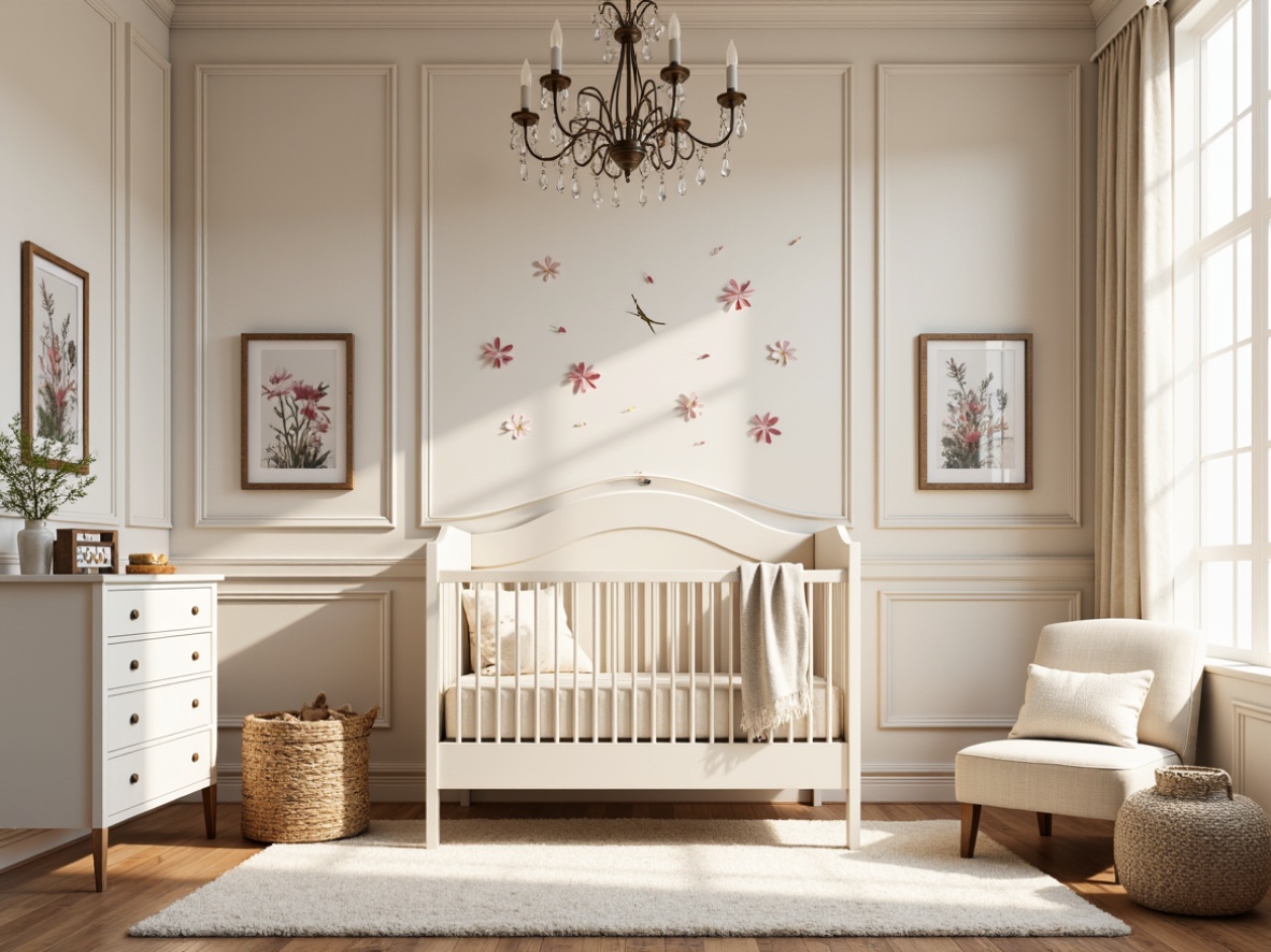 Prompt: Whimsical nursery, soft pastel hues, ornate wall moldings, flowing organic patterns, curved lines, botanical illustrations, vintage floral prints, delicate lace trim, textured wallpaper, shimmering metallic accents, creamy whites, pale woods, warm beige tones, elegant chandeliers, diffused natural light, 1/1 composition, intimate atmosphere, subtle color palette, realistic fabric textures.