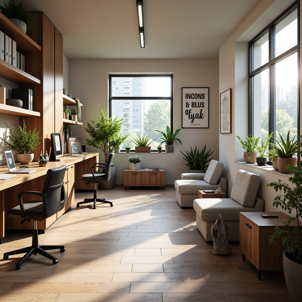 Prompt: Modern academic workspace, ergonomic chairs, adjustable desks, built-in shelving, wooden tables, comfortable sofas, minimalist decor, plenty of natural light, large windows, inspirational quotes, motivational posters, green plants, calm color scheme, soft warm lighting, 1/1 composition, realistic textures, ambient occlusion.