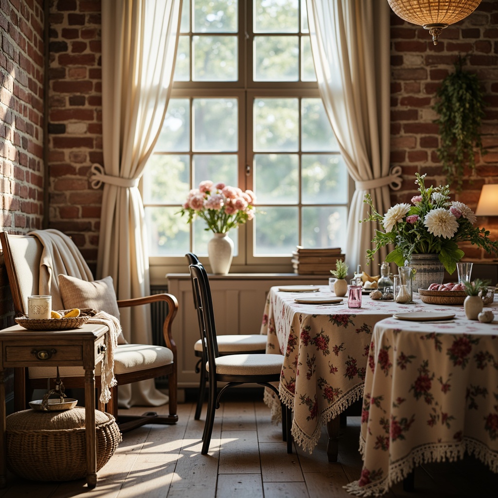 Prompt: Distressed velvet fabrics, soft linen textures, vintage floral patterns, pastel color schemes, antique wooden tables, ornate metal chairs, lace curtains, rustic brick walls, warm candle lighting, cozy throw blankets, natural woven baskets, classic ceramic vases, fresh flower arrangements, soft morning sunlight, shallow depth of field, 1/2 composition, realistic fabric rendering.