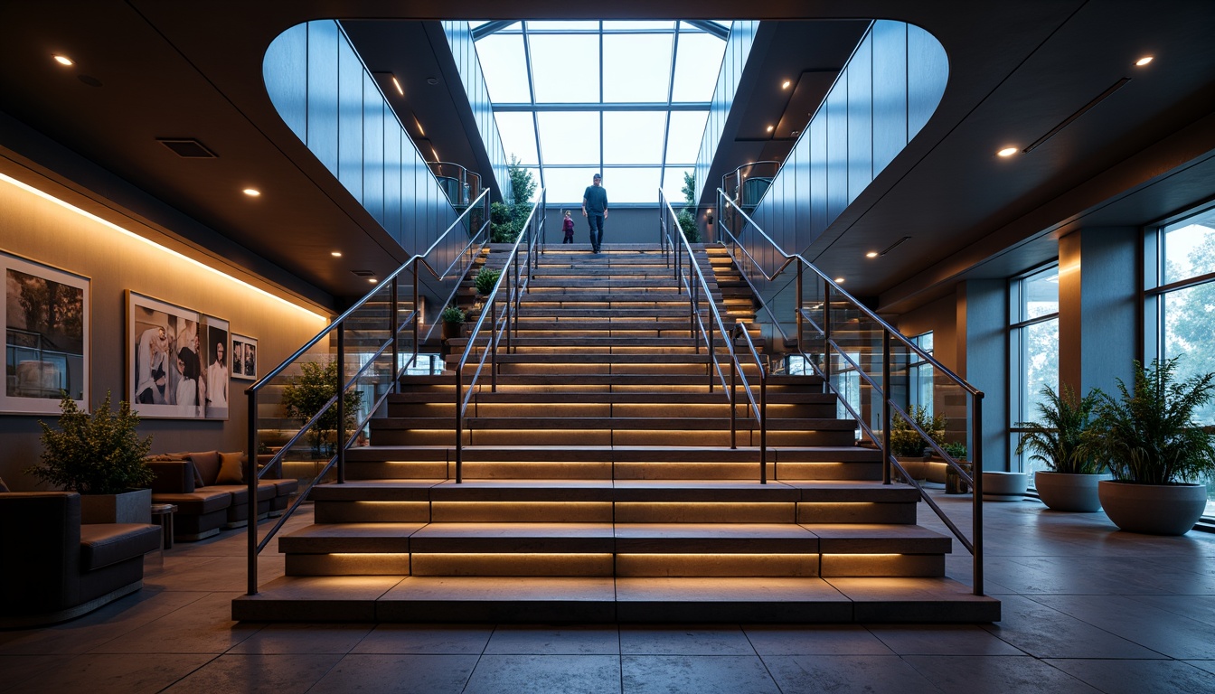 Prompt: Futuristic staircase, sleek metal handrails, LED-lit steps, cantilevered landings, floating treads, minimalist design, angular lines, geometric patterns, reflective glass balustrades, ambient lighting, soft warm glow, shallow depth of field, 3/4 composition, panoramic view, realistic textures, ambient occlusion, modern architecture, high-tech materials, innovative structural systems, bold colorful accents, dynamic shapes, futuristic atmosphere.