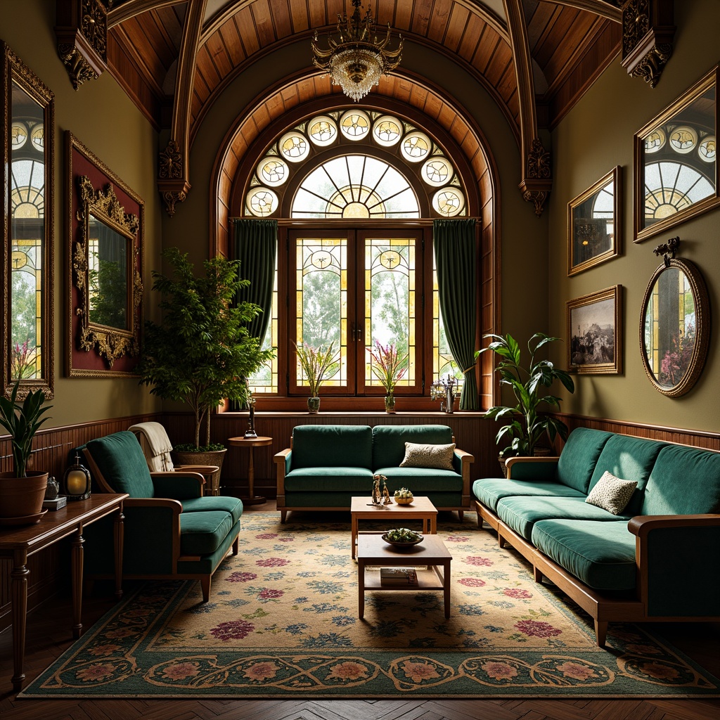 Prompt: Luxurious Art Nouveau interior, ornate furnishings, flowing organic lines, sinuous curves, whiplash motifs, stained glass windows, intricate mosaics, metallic accents, bronze fixtures, rich wood tones, velvet fabrics, jewel-toned colors, emerald green, sapphire blue, amethyst purple, golden yellow, soft warm lighting, dramatic shadows, ornate mirrors, beveled glass, elegant archways, flowing drapery, nature-inspired patterns, botanical illustrations, vintage elegance, sophisticated ambiance.