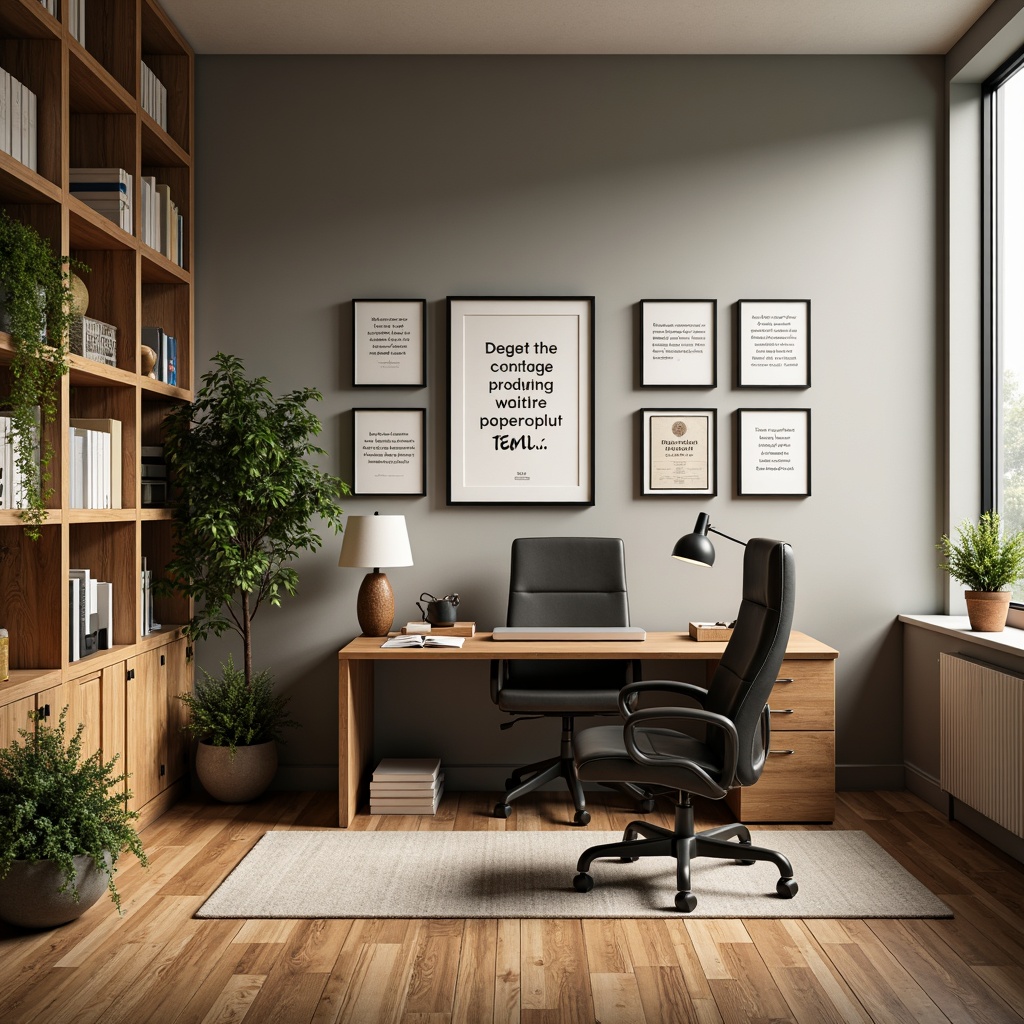 Prompt: Academic home office, wooden desk, comfortable ergonomic chair, bookshelves, framed certificates, motivational quotes, natural wood flooring, soft warm lighting, green plants, minimal decor, organized storage, inspirational artwork, calm color scheme, cozy atmosphere, panoramic view, realistic textures, ambient occlusion.