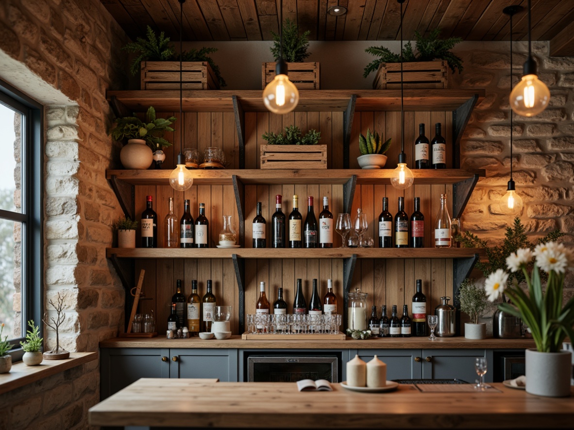 Prompt: Rustic farmhouse bar, reclaimed wood shelves, galvanized metal brackets, wooden crates, vintage bottles, Edison bulb lighting, natural stone walls, earthy color palette, wooden planks, metal straps, industrial-chic decor, open shelving, ladder access, distressed finishes, warm ambient lighting, cozy atmosphere, 3/4 composition, shallow depth of field, realistic textures.