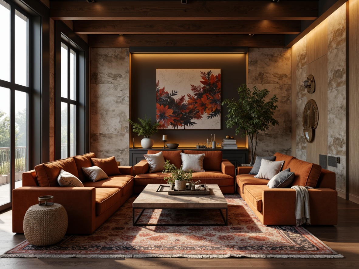 Prompt: Luxurious living room, richly textured walls, velvet sofas, patterned rugs, reclaimed wood flooring, natural stone accents, metallic decorative elements, ambient warm lighting, 1/1 composition, soft focus, cozy atmosphere, inviting color palette, abstract artwork, modern minimalist decor, sleek coffee tables, plush throw pillows, woven baskets, organic shapes, earthy tones, serene ambiance.