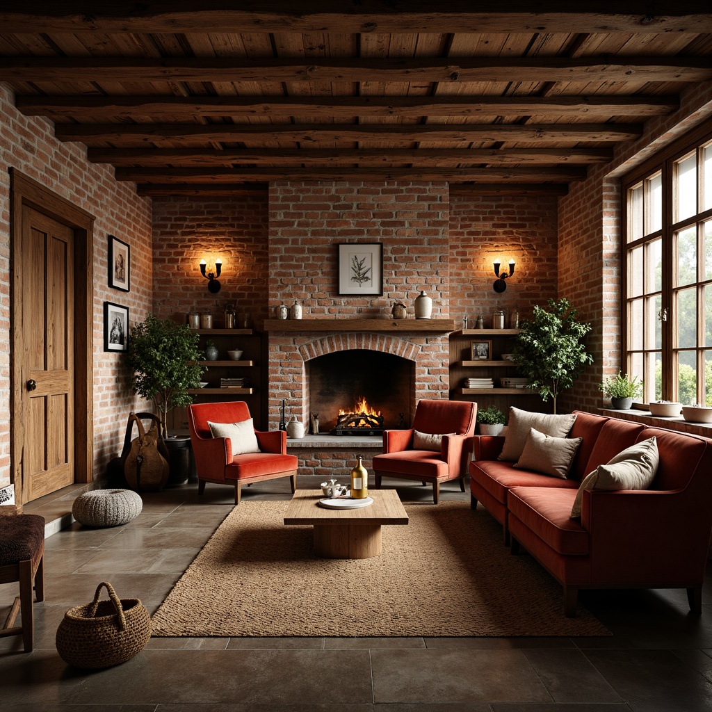 Prompt: Rustic farmhouse interior, vintage pub ambiance, distressed wooden beams, exposed brick walls, cozy fireplaces, plush velvet armchairs, rich leather sofas, antique metal lanterns, reclaimed wood coffee tables, woven jute rugs, earthy color palette, natural stone flooring, soft warm lighting, 1/1 composition, realistic textures, ambient occlusion.