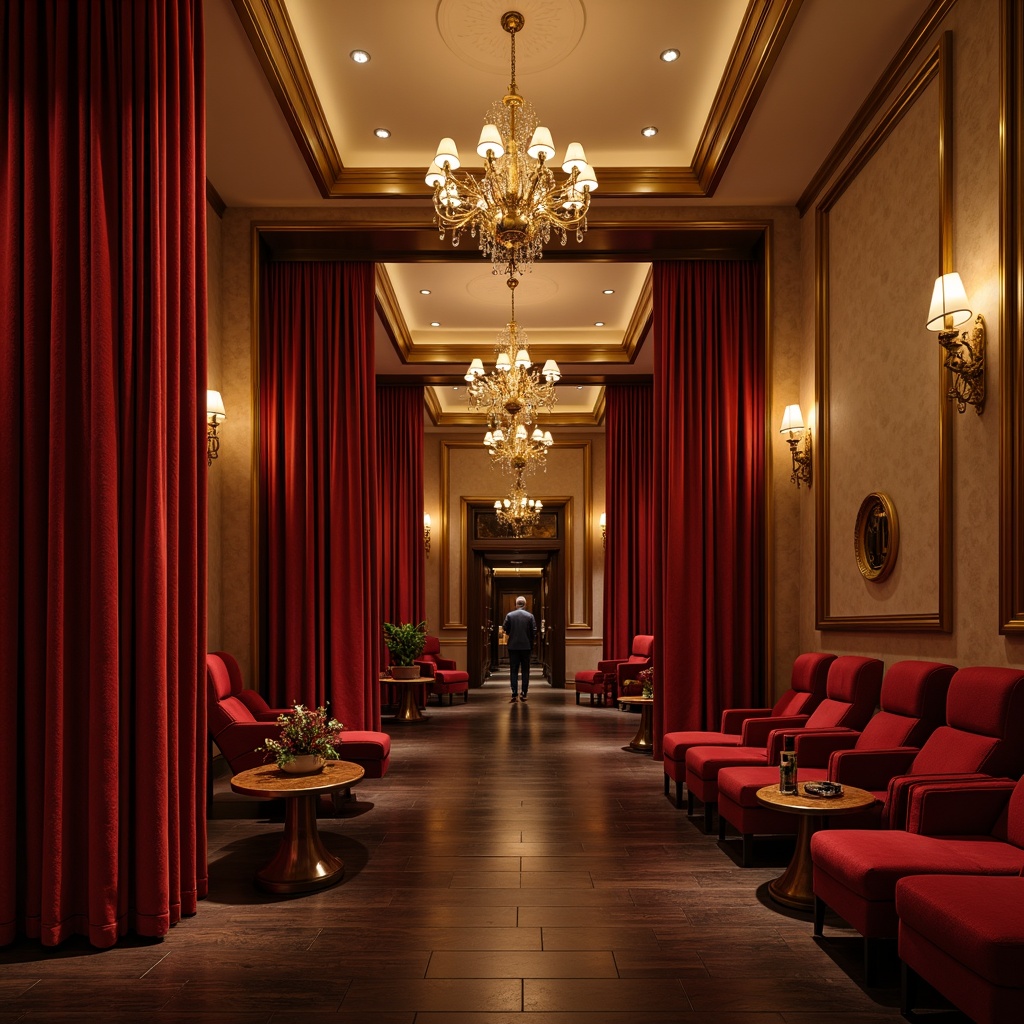 Prompt: Rich velvet curtains, luxurious golden accents, warm beige walls, dark wood flooring, subtle cream ceiling, elegant chandeliers, sophisticated soundproofing materials, plush crimson seats, dramatic spotlights, soft gradient lighting, 1/2 composition, cinematic atmosphere, realistic reflections, ambient occlusion.