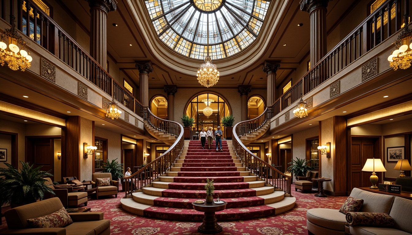 Prompt: Luxurious hotel lobby, grandiose staircase, ornate ironwork railings, lavish chandeliers, intricate mosaics, curved lines, flowing organic forms, elegant furnishings, plush velvet fabrics, rich wood tones, golden accents, majestic columns, arched windows, stained glass ceilings, soft warm lighting, dramatic shadows, 3/4 composition, atmospheric perspective, highly detailed textures, subtle ambient occlusion.