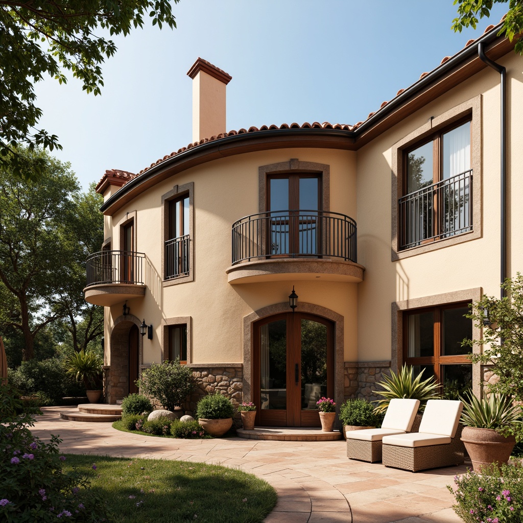 Prompt: Warm Mediterranean villa, curved lines, stucco exterior, terra cotta roofing, wooden shutters, wrought iron balconies, ornate doorways, ceramic tile flooring, natural stone walls, rustic wood accents, earthy color palette, lush greenery, blooming flowers, sunny day, soft warm lighting, shallow depth of field, 3/4 composition, panoramic view, realistic textures, ambient occlusion.