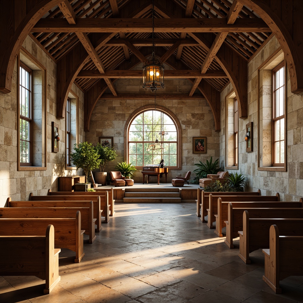 Prompt: Rustic church interior, open floor plan, reclaimed wood beams, stone walls, wooden pews, stained glass windows, high ceilings, natural light pouring in, earthy color palette, warm atmosphere, vintage lanterns, distressed wood accents, cozy nooks, comfortable seating areas, grand piano, soft warm lighting, shallow depth of field, 1/1 composition, realistic textures, ambient occlusion.