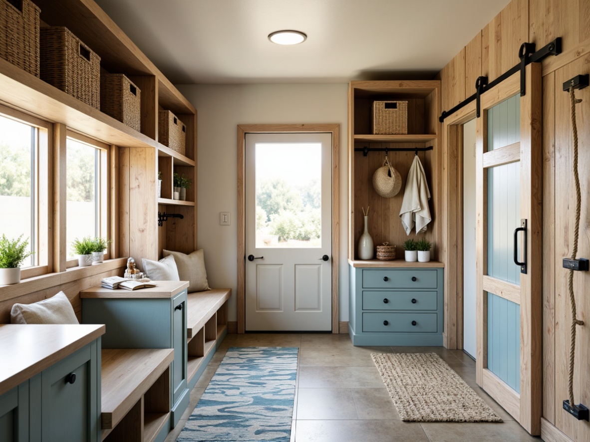 Prompt: Coastal style mudroom, reclaimed wood accents, natural textures, woven baskets, rustic metal hooks, driftwood-inspired shelves, sandy beige walls, ocean-blue cabinets, sea-glass countertops, wavy patterned rugs, nautical rope details, functional storage benches, built-in shelving units, sliding barn doors, warm soft lighting, shallow depth of field, 1/1 composition, realistic wood grain textures, ambient occlusion.