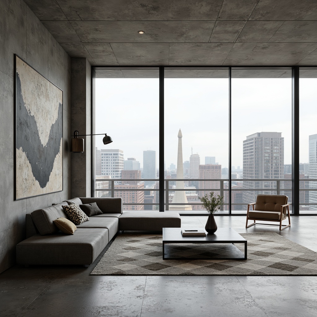 Prompt: Minimalist living room, sleek low-profile sofas, geometric-patterned rugs, industrial metal coffee tables, Scandinavian-inspired wooden chairs, floor-to-ceiling windows, urban city views, concrete floors, abstract artwork, monochromatic color schemes, ambient soft lighting, 1/1 composition, shallow depth of field, realistic textures, modern minimalist decor.