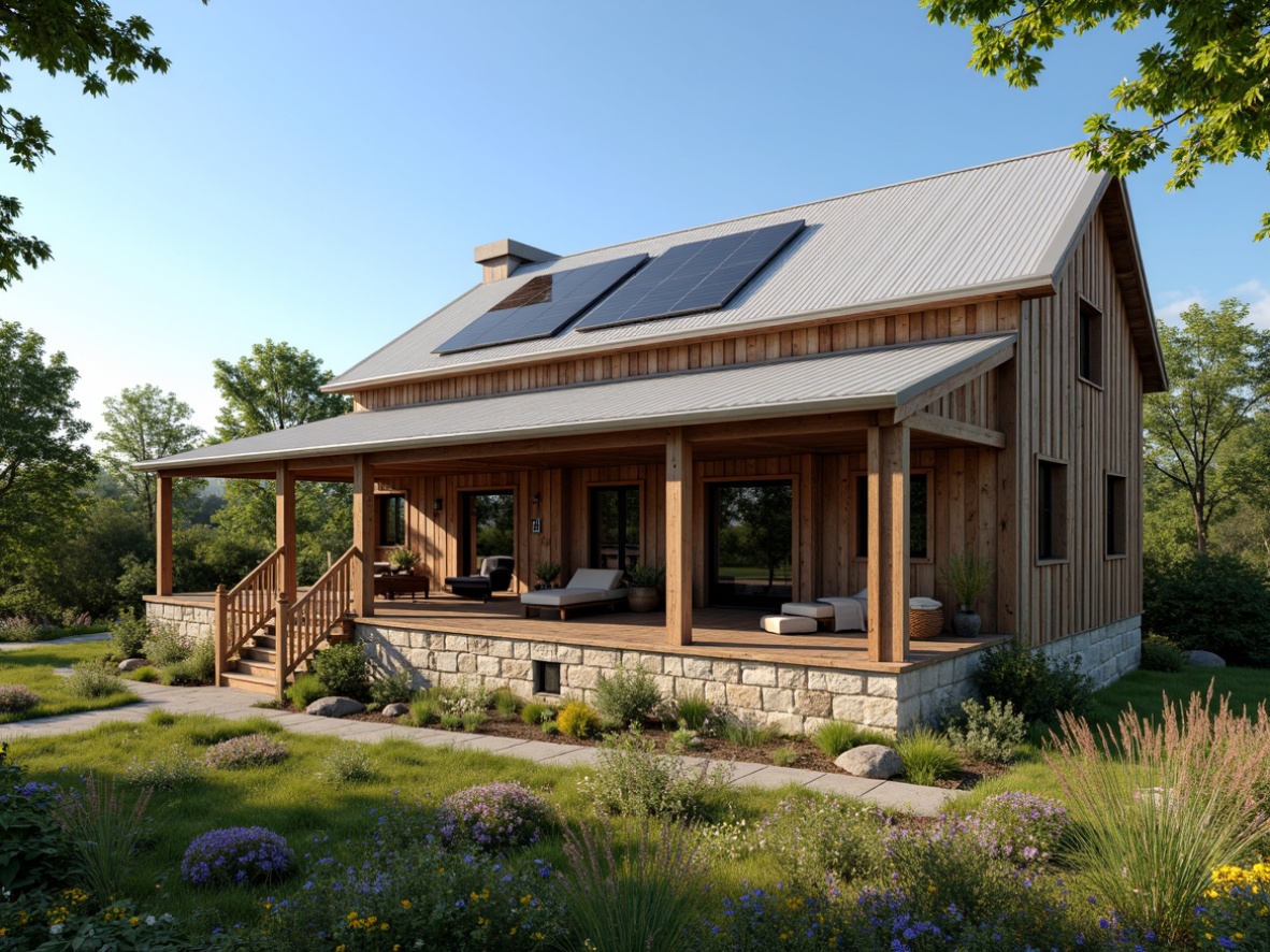 Prompt: Rustic farmhouse, reclaimed wood accents, earthy tones, natural stone foundations, corrugated metal roofing, solar panels, rainwater harvesting systems, living green walls, organic gardens, wooden fencing, wildflower meadows, blue skies, warm sunlight, soft shadows, 1/2 composition, cinematic lighting, realistic textures, ambient occlusion.