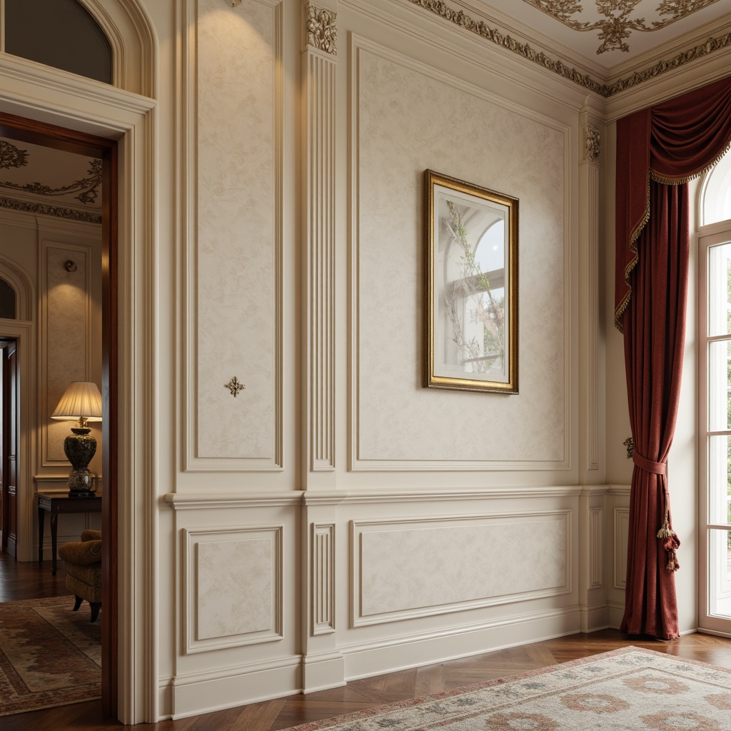 Prompt: Elegant wall treatments, ornate moldings, neutral beige tones, subtle texture, sophisticated paneling, refined wainscoting, luxurious fabrics, rich velvet drapes, carved wooden accents, gilded frames, soft warm lighting, shallow depth of field, 2/3 composition, realistic textures, ambient occlusion.