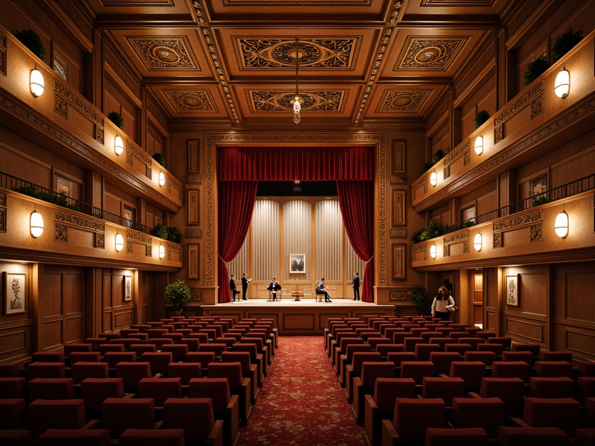 Prompt: Ornate Renaissance-style auditorium, rich wood paneling, intricately carved details, ornamental chandeliers, velvet curtains, plush seating, acoustic panels, sound-absorbing materials, diffusers, bass traps, reflective surfaces, warm golden lighting, subtle shadows, 3/4 composition, shallow depth of field, realistic textures, ambient occlusion.