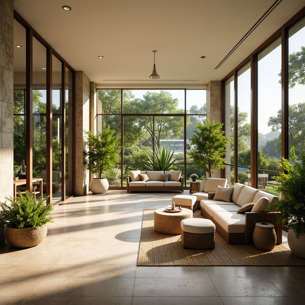 Prompt: Sunlit sunroom, open space concept, minimalist decor, sleek glass walls, sliding doors, natural stone floors, greenery views, tropical plants, rattan furniture, woven textiles, warm beige tones, soft diffused light, 1/1 composition, shallow depth of field, panoramic view, realistic textures, ambient occlusion.