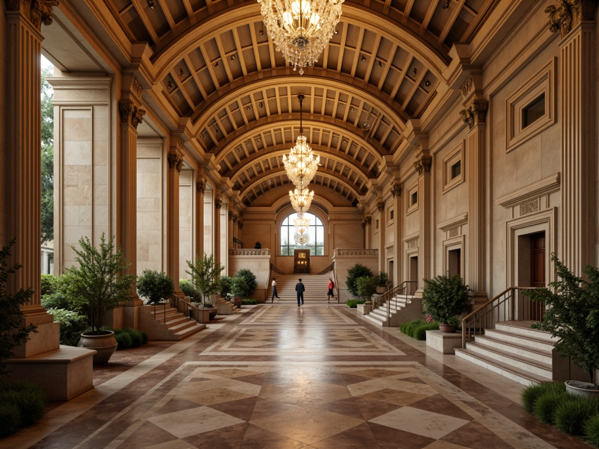 Prompt: Grandiose government building, Corinthian columns, ornate carvings, intricate moldings, lavish fountains, manicured lawns, symmetrical architecture, imposing entrance, grand staircase, marble floors, crystal chandeliers, stately halls, solemn ambiance, warm golden lighting, subtle textures, realistic reflections, 1/1 composition, low-angle shot, dramatic shadows, classical proportions.