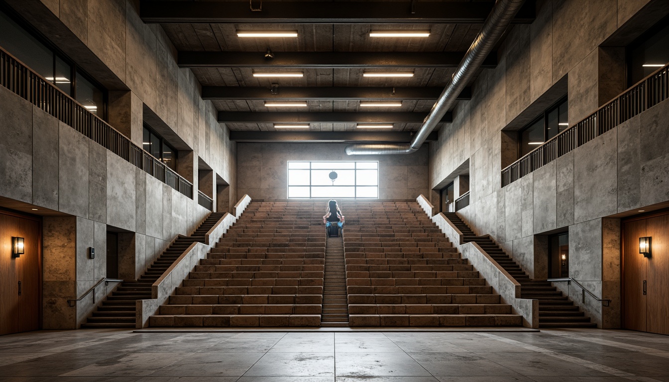 Prompt: Raw concrete walls, exposed ductwork, industrial pipes, brutalist architecture, cavernous space, grand stage, sweeping balconies, steep seating, minimal ornamentation, functional lighting, harsh shadows, dramatic spotlights, rich wood accents, rusted metal details, bold geometric forms, abstract textures, dynamic sound reflections, 3D audio rendering, immersive acoustic experience, natural reverb simulation, realistic sound propagation, shallow depth of field, 2/3 composition, cinematic atmosphere.