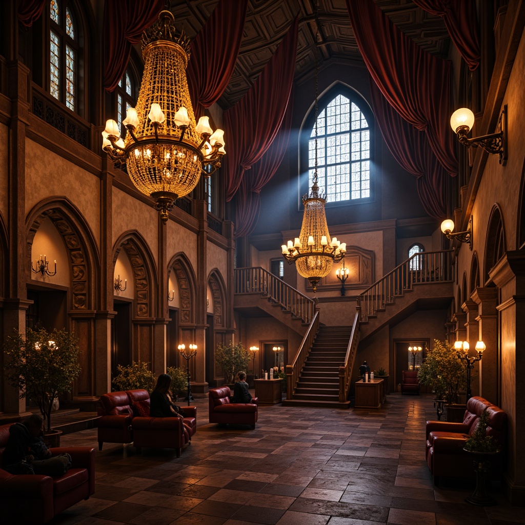 Prompt: Grandiose chandeliers, ornate metalwork, stained glass shades, intricate candle holders, mysterious ambient lighting, rich velvet drapes, lavish furnishings, medieval-inspired architecture, dramatic vaulted ceilings, grand staircases, mystical ambiance, warm golden tones, soft glowing illumination, subtle shadowing, 1/1 composition, atmospheric rendering, detailed textures.