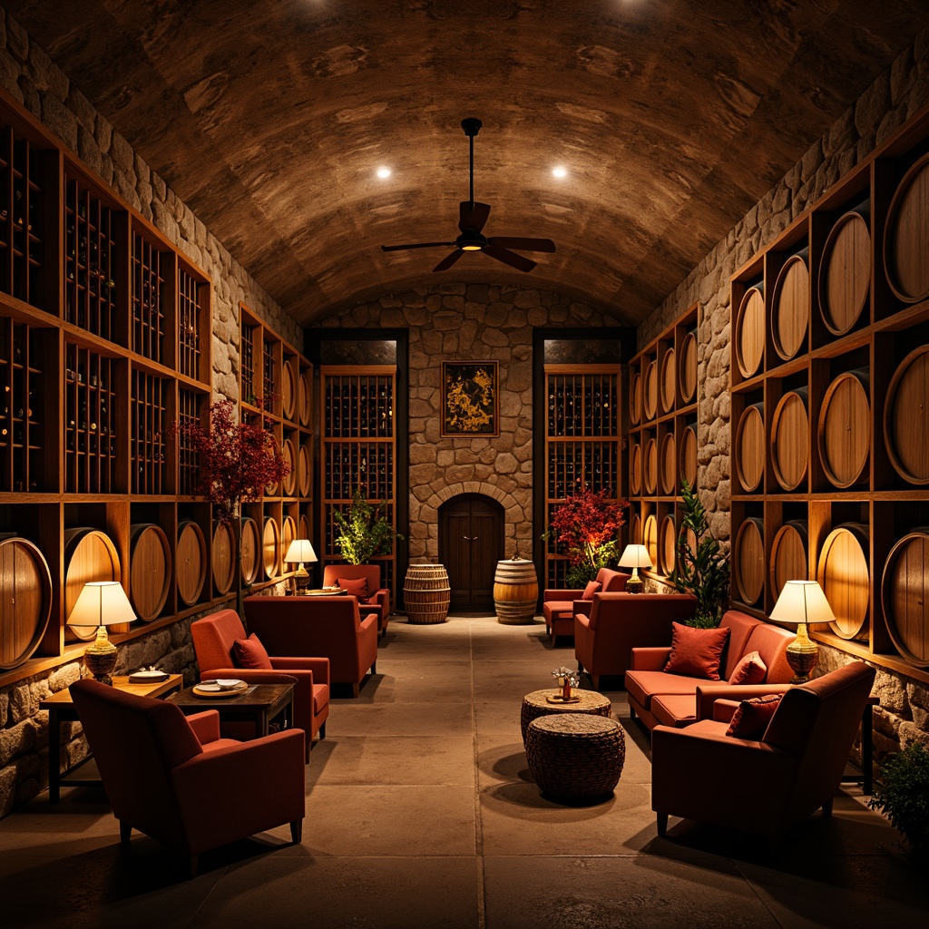 Prompt: Warm wine cellar ambiance, rustic wooden racks, dimmable LED lighting, soft warm glow, ambient shadows, rich wood tones, stone walls, earthy textures, cozy seating areas, plush furnishings, vintage wine barrels, decorative metalwork, intimate scale, low ceilings, warm color palette, subtle aromas, relaxed atmosphere, dramatic spotlights, table lamps, floor lamps, candelabras, softbox lighting, 3/4 composition, shallow depth of field, realistic textures, ambient occlusion.