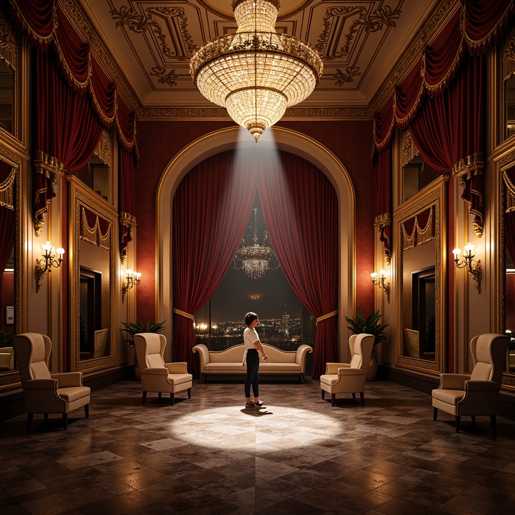 Prompt: Ornate theater interior, neoclassical architecture, grand chandeliers, velvet drapes, gilded frames, marble floors, intricate moldings, luxurious fabrics, tufted sofas, wingback chairs, ornamental mirrors, crystal sconces, dramatic spotlights, soft warm glow, shallow depth of field, 1/2 composition, symmetrical balance, rich textures, ambient occlusion.