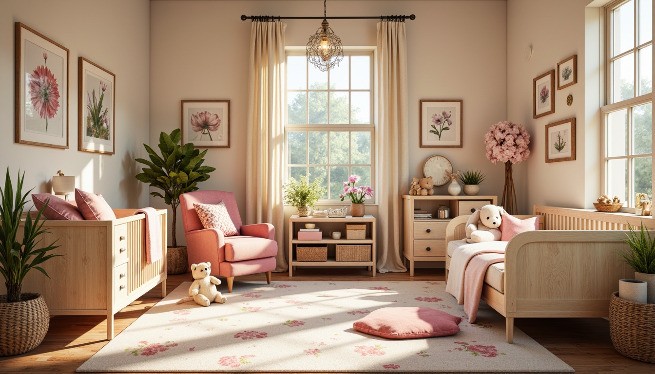 Prompt: Whimsical baby nursery, soft pastel colors, delicate florals, organic shapes, flowing curves, intricate patterns, ornate details, velvet fabrics, carved wooden furniture, elegant lines, rounded edges, vintage toys, antique trinkets, warm golden lighting, shallow depth of field, 1/1 composition, realistic textures, ambient occlusion.