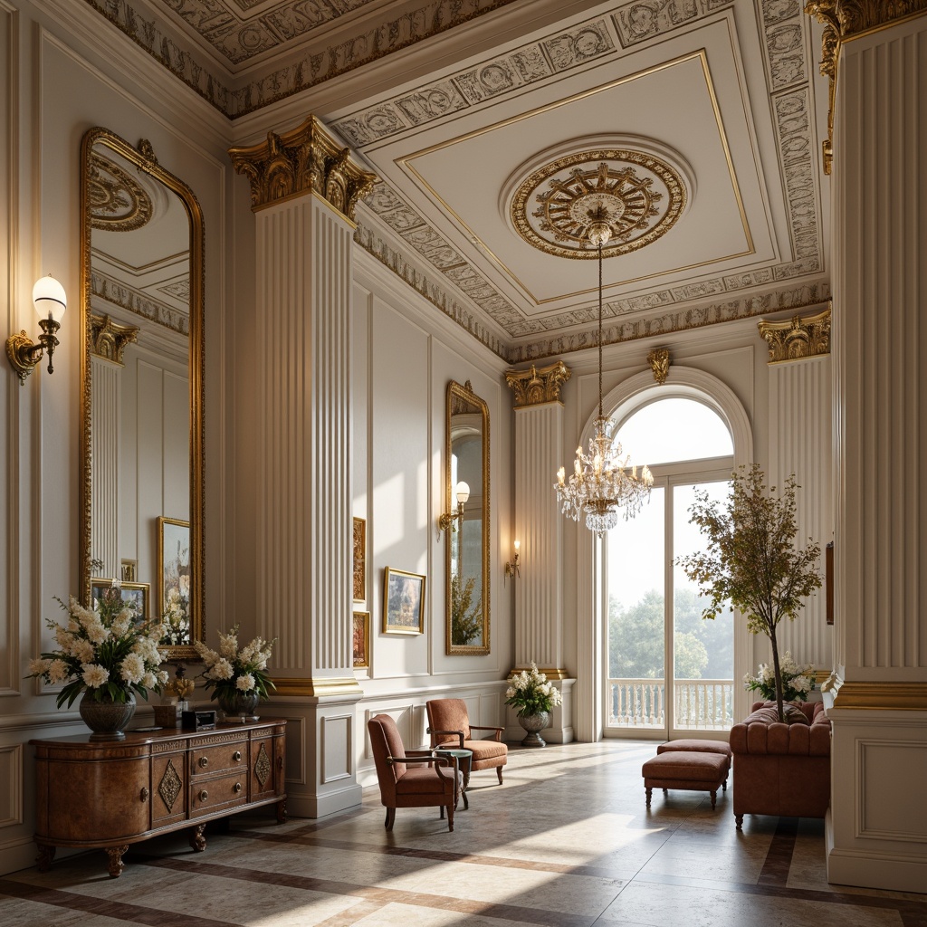 Prompt: Elegant neoclassical interior, ornate moldings, intricate carvings, refined furnishings, luxurious fabrics, subtle color palette, soft warm lighting, high ceilings, grand chandeliers, marble floors, Corinthian columns, archways, pilasters, bas-reliefs, gilded details, rich textures, 3/4 composition, shallow depth of field, realistic renderings, ambient occlusion.