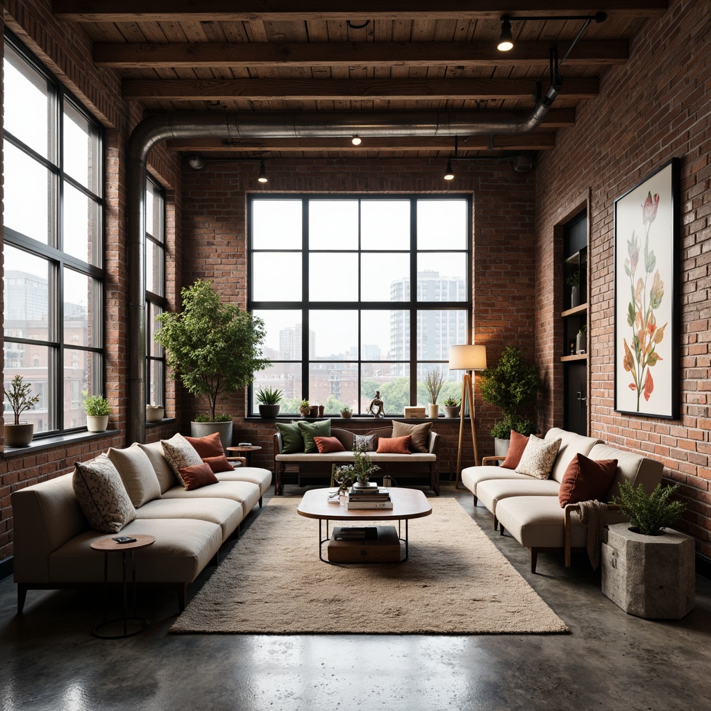 Prompt: Industrial chic loft, exposed brick walls, polished concrete floors, reclaimed wood accents, minimalist decor, eclectic art pieces, urban cityscape views, large windows, natural light pouring in, open concept living area, cozy reading nooks, plush sectional sofas, vintage rugs, metallic lighting fixtures, Edison bulbs, greenery plants, abstract sculptures, distressed finishes, warm neutral color palette, shallow depth of field, 1/2 composition, soft warm lighting, ambient occlusion.