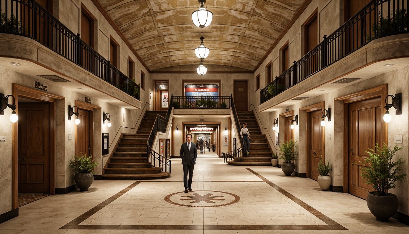 Prompt: Rustic metro station, distressed stone walls, ornate ironwork, curved archways, decorative cornices, vintage signage, elegant chandeliers, cream-colored marble floors, intricate mosaic patterns, grand staircases, ornamental balconies, soft warm lighting, subtle gradient effects, 1/1 composition, narrow depth of field, realistic textures, ambient occlusion, classic French Country style, neutral color palette, aged wood accents, charming vintage advertisements.