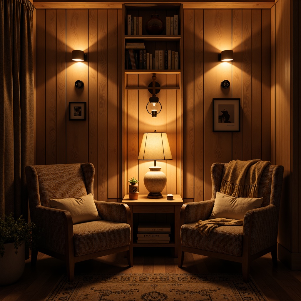 Prompt: Warm table lamps, soft candlelight, cozy reading nooks, comfortable armchairs, plush throw blankets, earthy color palette, natural wood accents, woven textiles, vintage metal lanterns, industrial-chic exposed bulbs, warm-toned wall sconces, relaxing ambient glow, softbox lighting, 1/1 composition, intimate close-up shots, realistic material textures.