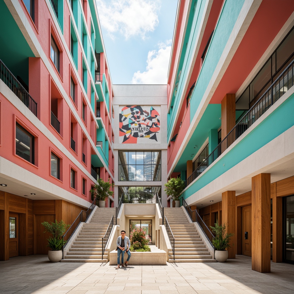 Prompt: Vibrant courthouse exterior, postmodernist architecture, bold color blocking, pastel hues, turquoise accents, coral pink highlights, rich wood tones, sleek metallic surfaces, geometric patterns, abstract murals, playful typography, grand staircase, open atrium, natural stone flooring, warm beige walls, subtle texture contrasts, soft diffused lighting, high contrast shadows, cinematic composition, symmetrical framing, intricate ornate details.