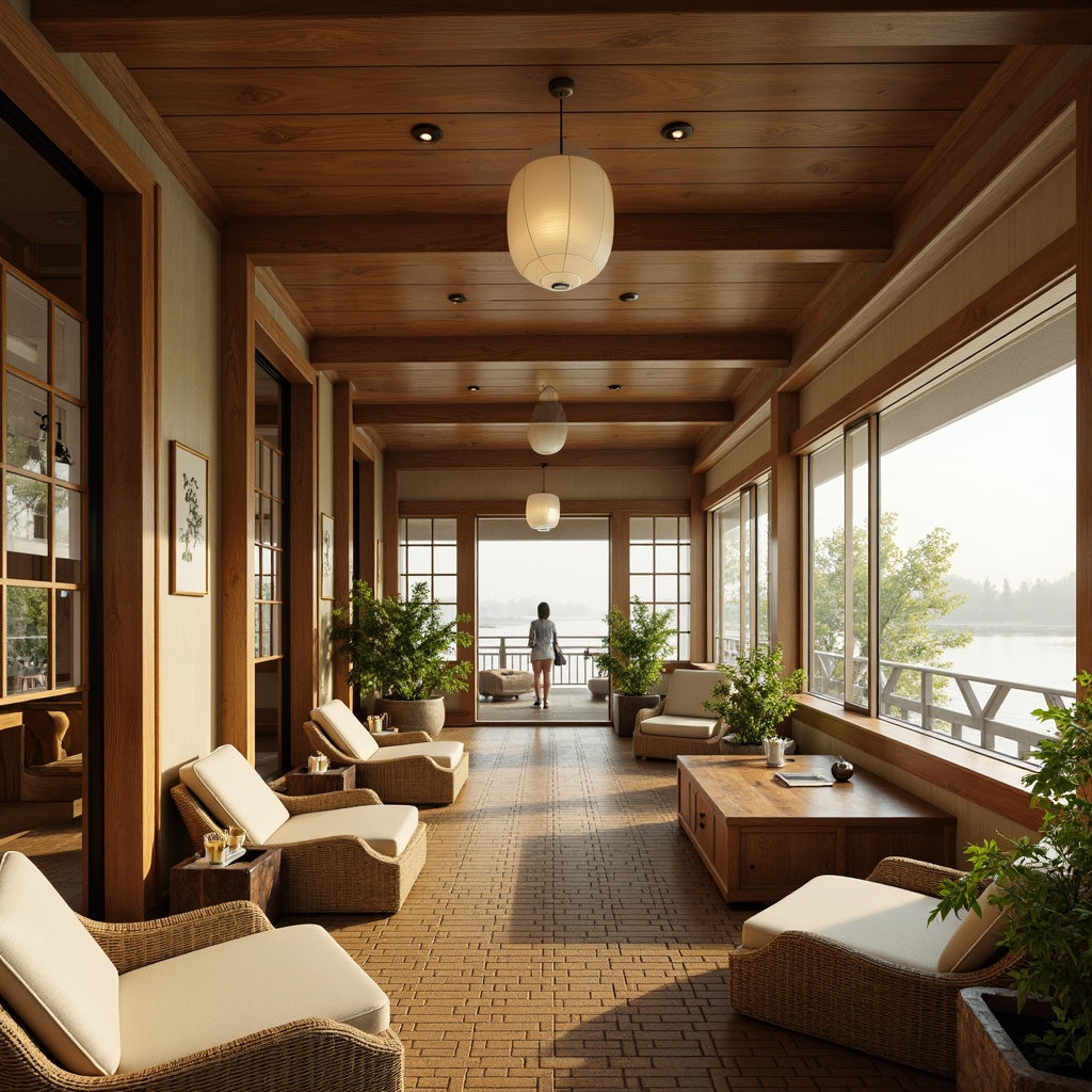 Prompt: \Serene boathouse interior, warm beige tones, natural wood accents, Asian-inspired motifs, subtle gold hardware, soft cream-colored upholstery, vibrant greenery, traditional Japanese shoji screens, rice paper lanterns, tranquil water views, misty morning light, shallow depth of field, 1/2 composition, warm color palette, rich textures, ambient occlusion.\