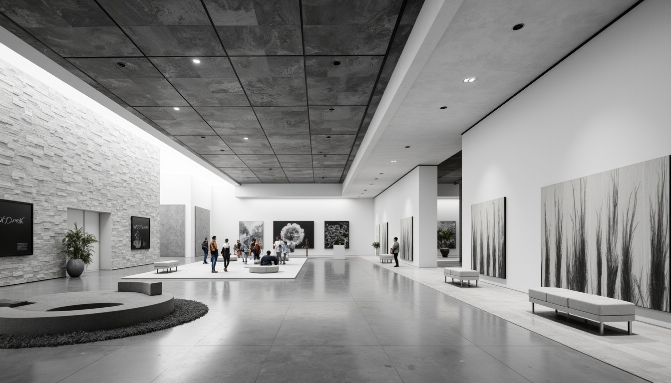 Prompt: Monochromatic museum interior, sleek modern architecture, polished concrete floors, minimalist exhibit spaces, neutral color palette, soft white lighting, subtle texture accents, geometric furniture designs, stainless steel fixtures, abstract artwork displays, natural stone wall features, open floor plans, high ceilings, dramatic vertical lines, diffused overhead lighting, 1/1 composition, realistic material textures, ambient occlusion.