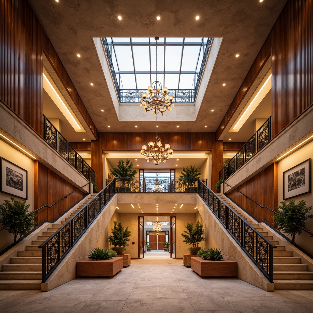 Prompt: Grand courthouse entrance, sweeping staircases, ornate metal railings, high ceilings, grand chandeliers, warm beige stone walls, rich wood paneling, dramatic spotlights, soft warm glow, indirect lighting, subtle shadows, 1/2 composition, low-angle view, realistic textures, ambient occlusion, vibrant colorful accents, geometric patterns, bold architectural details, modernist influences, eclectic mix of materials, natural light pouring in, clerestory windows, skylights, diffused light, sophisticated ambiance.