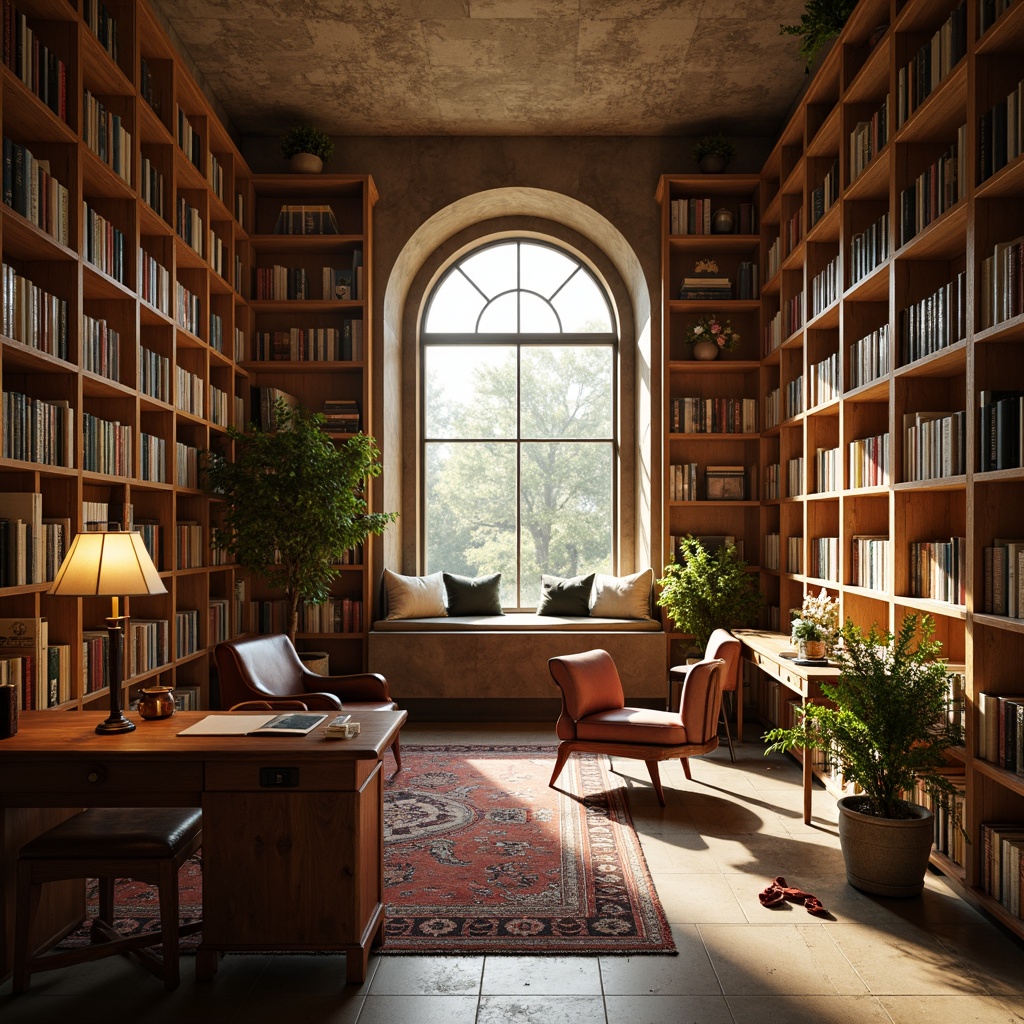 Prompt: Cozy library atmosphere, warm wooden bookshelves, comfortable reading nooks, rich leather armchairs, vintage floor lamps, soft golden lighting, earthy tone walls, natural stone floors, plush area rugs, elegant wooden desks, sophisticated book collections, calm peaceful ambiance, subtle scent of old books, warm beige colors, soothing greenery, creamy white accents, rustic metal details, inviting window seats, dramatic archways, refined architectural lines, serene morning light, soft focus photography.