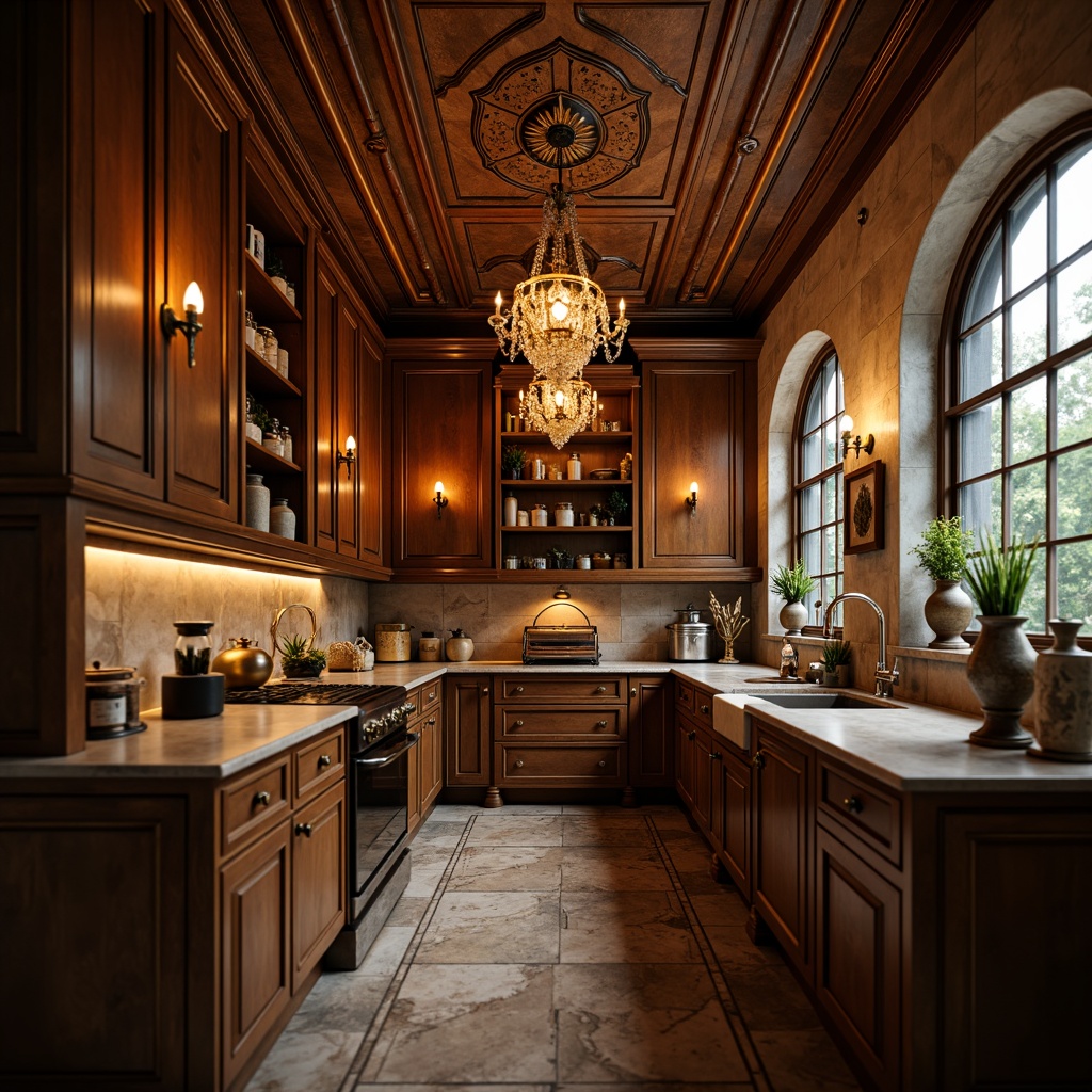 Prompt: Warm pantry, renaissance style, ornate cabinetry, rich wood tones, soft warm lighting, golden bronze fixtures, crystal chandeliers, decorative ceiling medallions, rustic stone walls, vintage apothecary jars, distressed finishes, ambient warm glow, shallow depth of field, 1/1 composition, soft focus, realistic textures, subtle color grading.