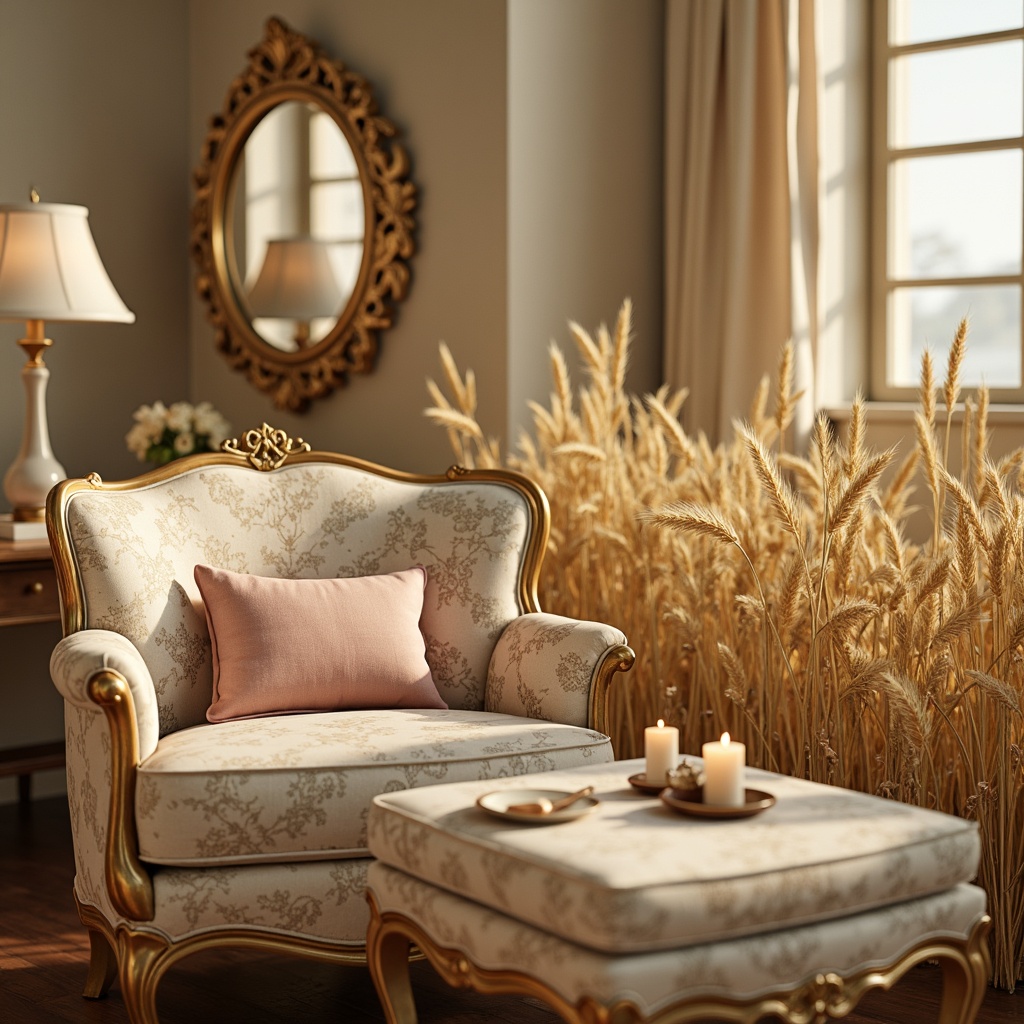 Prompt: Soft golden wheat fields, delicate ornate details, lavish curvaceous lines, warm beige tones, creamy whites, rich umber browns, muted sage greens, dusty rose pinks, intricate gold leaf patterns, ornate mirror frames, luxurious velvet fabrics, carved wooden accents, subtle texture overlays, warm candlelight glow, shallow depth of field, 1/1 composition, realistic renderings, ambient occlusion.