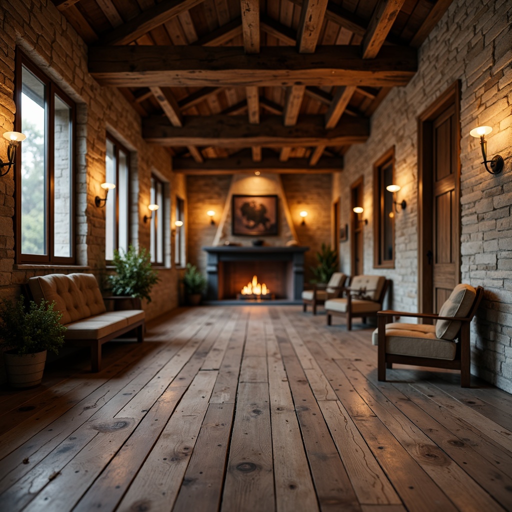 Prompt: Reclaimed wood planks, distressed textures, earthy tones, natural stone walls, rough-hewn wooden beams, vintage metal accents, worn brick surfaces, cozy candle lighting, soft warm glow, shallow depth of field, 1/2 composition, intimate framing, realistic wood grain, ambient occlusion.